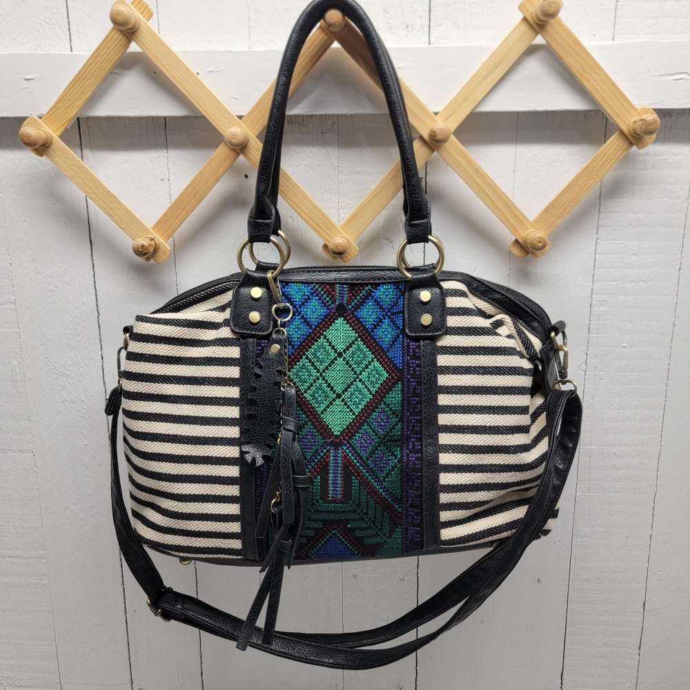 MMS Boho Striped Embroidered Satchel Bag Multicolor Tassel Crossbody Large NEW